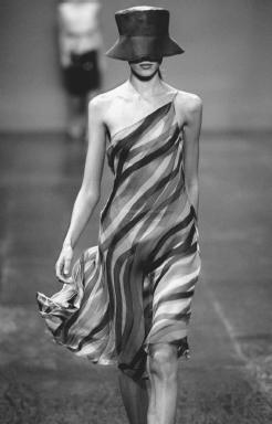 Max Azria, designed for BCBG Max Azria's 2000 collection: silk chiffon dress with an organdy hat. © AP/Wide World Photos.